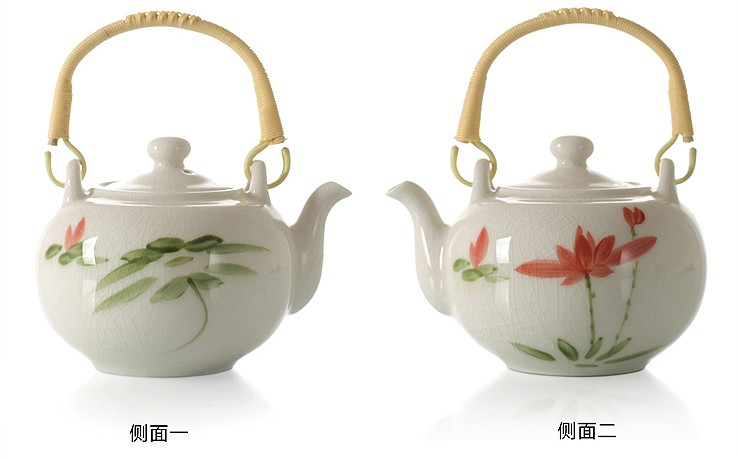 
                                        思喜 800ml景德镇陶瓷 冰裂纹 手绘荷花大容量提梁壶茶具套装JDCJ007 (不含茶盘                