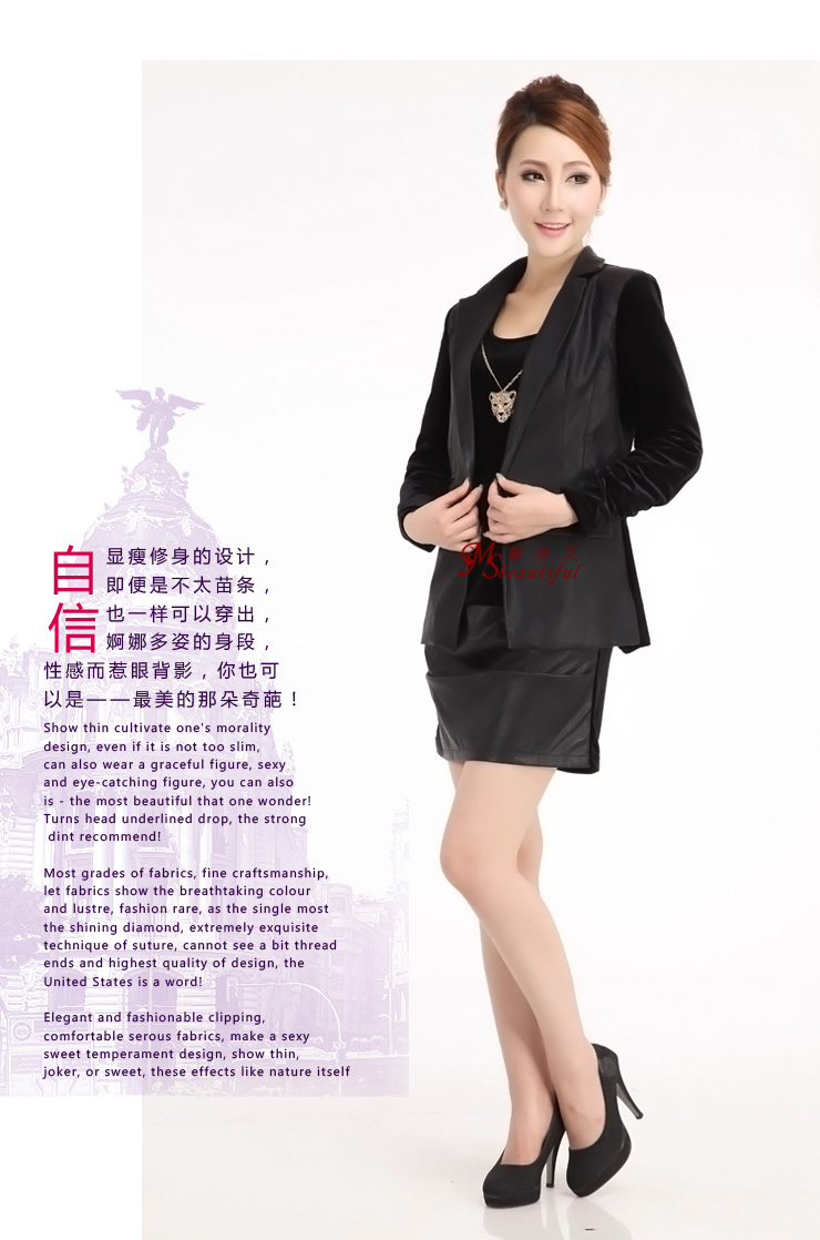 蜜丝贝秋冬新款加厚小西装 黑色金丝绒拼皮衣