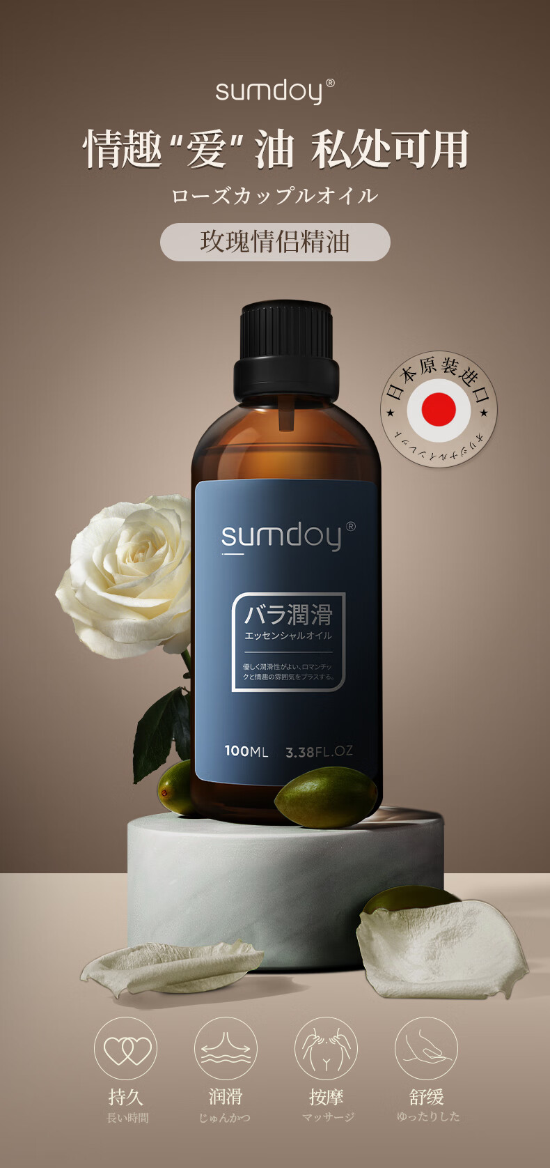 SUMDOY日本进口玫瑰情侣按摩精油私处spa润滑推背全身夫妻情调趣刮痧油 【猛男必备】情侣精油100ml*2