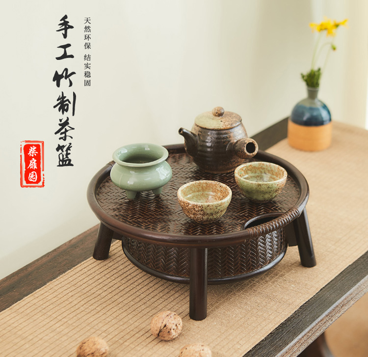 柴扉園 日式多用途竹编收纳篮 茶道零配茶器收纳篮 漆器工艺功夫茶盘水果礼买菜篮子家用食盒篮厨房收纳筐 炭烧色小号