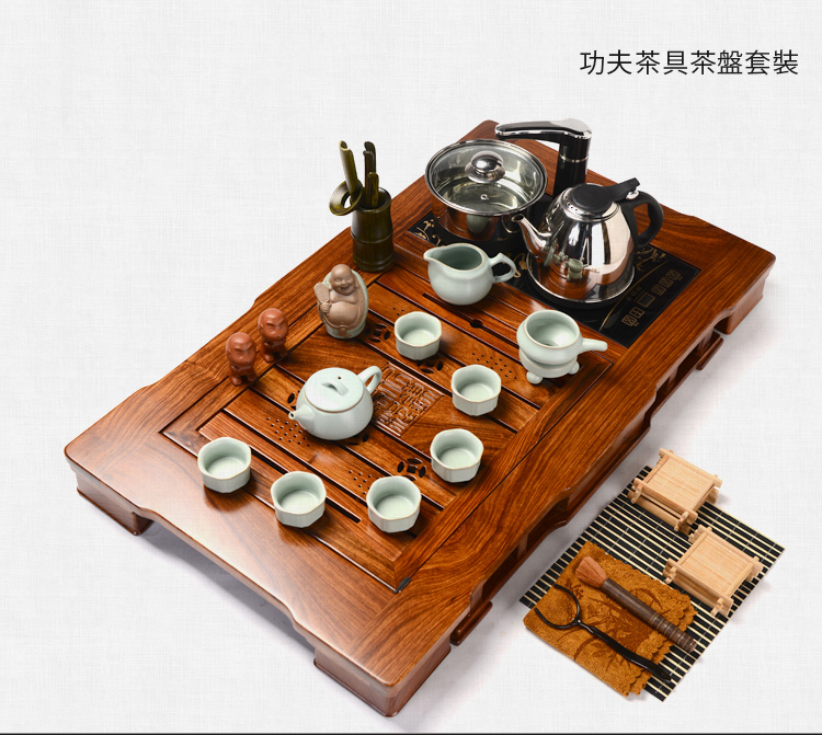 馨铭堂 石瓢壶汝窑茶具 花梨茶盘带电热炉整套功夫茶具套装