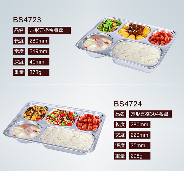 
                                        拜格BAYCO 餐盘304不锈钢快餐盘饭盘分隔餐盒方形五格BS4724                