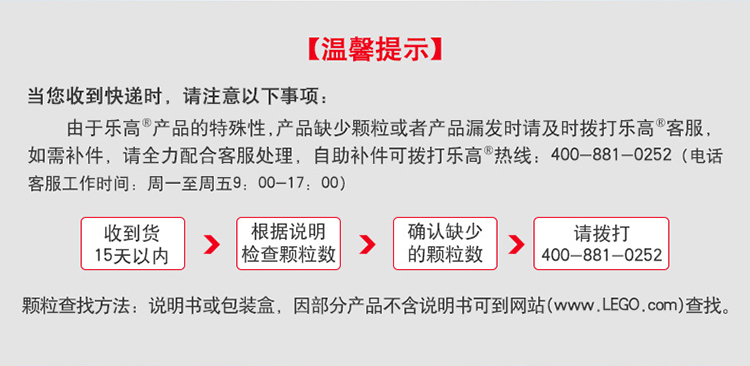 【温馨提示】当您收到快递时,请注意以下事项由于乐高产品的特殊性,产品缺少颗粒或者产品漏发时请及时拨打乐高客服如需补件,请全力配合客服处理,自助补件可拨打乐高热线:400-881-0252(电话客服工作时间:周一至周五9:00-17:00收到货根据说明确认缺少15天以内》检查颗粒数>的颗粒数>请拨打400-881-0252颗粒查找方法:说明书或包装盒,因部分产品不含说明书可到网站(www.LEGO.cm)查找。-推好价 | 品质生活 精选好价