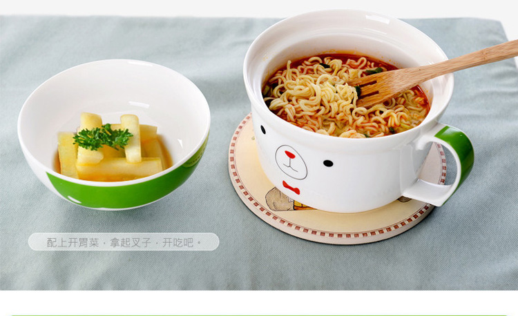 
                                        剑林 景德镇韩式卡通陶瓷泡面带盖碗泡面杯餐具套装 微波炉适用 绿色领结狗                
