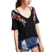 Sexy Cuello En V Casual Summer Tops 2020 Nueva Moda Slim Bordado Camiseta Mujer Negro Rosa Parche Vintage Strappy Camiseta