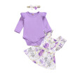 Niños Bebés Niñas Otoño Casual Todos Los Partidos Color Sólido Mangas Con Volantes Top Romper Y Flores Patrón Correa Falda Hairband Set