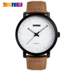 SKMEI Mens Unique Analog Quartz Waterproof Business Casual Leather Band Dress Wrist Watch with Simple Fashion Classic White Time Mark Design Key Scrath Resitan