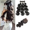 HCDIVA Peruvian Virgin Hair 3 Bundles Body Wave with Closure Bouncy Human Hair Extensions 1B Color Bundles with Lace 4x4 Closure