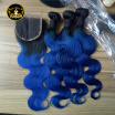 Kason Brazilian Virgin Hair 3 Bundles With Lace Closure 4PcsLot Ombre 1B Blue Color Human Hair Weave Bundles Closure Free Shippi