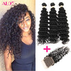 Alot Hair Peruvian Virgin Hair Deep Wave 3 Bundles with 44 Lace Closure 7A Grade 100 Unprocessed Human Hair Weave&Closure