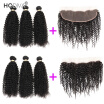 Malaysian Virgin Human Hair 3 Bundles with Frontal Kinky Curly Hair Weaves with Frontal Ear to Ear Natural Black