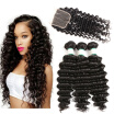 MORICHY Brazilian Deep Wave 3 Bundles with 4×4 Lace Closure 3 Part 7A Unprocessed Human Hair Extensions Natural Color