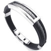 Hpolw Mens Rubber Stainless Steel Bracelet Classic Bangle Black Silver