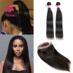 360 Lace Frontal With Bundle 2Pcs Straight Brazilian Virgin Hair Weave With Pre Plucked Natural Line Closure Pure 7A Virgin Hair