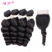 ALot Hair Natural Black Remy Virgin Peruvian Loose Wave Hair 4 Bundles With Closure Human Hair Bundles With Lace Top Closure