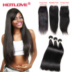 Peruvian Virgin Hair Bundles Straight Virgin Human Hair 3 Bundles with 44 Lace Closure Natural Color Unprocessed Free Middle 3Par