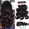 Ms Luna Hair Brazilian Virgin Hair Body Weave 3 Bundles With 4x4" Free3 Part Lace Closure 4 Pcs Hair Natural Color