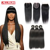 Allrun Brazilian Virgin Hair Straight With Closure Human Hair 3 Bundles With Closure 4pcsLot Natural Color