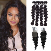 7A Peruvian Virgin Hair Loose Wave With Closure 4 Bundles Loose Wave Human Hair Weave with Lace Closure Soft&Bouncy 1B Color