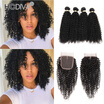 HCDIVA India Virgin Hair Kinky Curly 4 bundle with Lace Closure Natural Black Unprocessed India Virgin Human Bundle with Closure