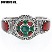 SUNSPICE MS Ethnic Indian Resin Cuff Bracelet Antique Silver Color Hollow Flower Bracelets Bangles Watch Style Vintage Jewelry