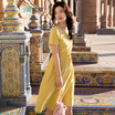 INMAN 2018 summer new net color high waist waist slim long dress female 18821VP02046 yellow XL