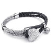 Hpolw Womens Leather Stainless Steel Bracelet Heart Charm Braided Cuff Bangle Black Silver