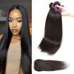 Glary Peruvian Human Hair 100 Unprocessed Straight Virgin Human Hair 3 Bundles with 4x4 Lace Closure Free Part Natural Black