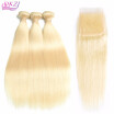 QDKZJ Barzilian Hair Straight Hair 3 Bundles With Closure 613 Blonde Color Hair Human Hair With 4x4 Closure