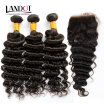 9A Indian Deep Wave Virgin Hair With Lace Closure 3 Bundles Indian Curly Remy Human Hair Weave And Closures 4Pcs Lot Natural Black