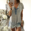 Womens Fashion Casual Short Sleeve V-Neck Cotton Tee Tank Top T Shirt Loose Button Blouse Plus Size High Quality