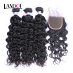 8A Indian Virgin Hair Natural Water Wave With Closure 4PcsLot Wet And Wavy Curly Remy Human Hair Weaves 3 Bundle And Lace Closure