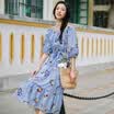 INMAN 2018 summer new square collar with fresh print elegant temperament dress female summer long skirt 18821VP04035 blue&white strip S