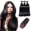 HCDIVA Brazilian Virgin Hair Straight 3 Bundles With Closure Free Middle Three Part Human Hair Bundles with Closure 4 Pcs lot