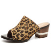 Women slides slipper chunky heel mule shoes sex leopard peep toe sandals genuine leather