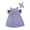 Kids Baby Girls Clothes Striped Off-shoulder Short Sleeves Party Gown Headband Formal Dresses