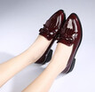 penny loafer for women tassel pointed toe slip on patent leather block chunky heel casual boat shoes