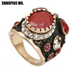 Unique Turkish Women Big Natrual Stones Rings Antique Gold Color Black Enamel Relief Ethnic Wedding Love Rings Jewelry Gifts New
