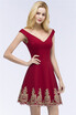A-Line V-Neck Short Off-Shoulder Appliques Burgundy Homecoming Dresses