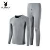 Playboy Mens Thermal Underwear Set V-neck Basic Thermal Underwear Mens Thick Autumn Clothes Long Pants Set Light Gray V-neck M