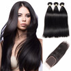 HCDIVA Brazilian Virgin Hair Straight 3 Bundles With Closure Free Middle Three Part Human Hair Bundles with Closure 4 Pcs lot