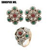 Classic Round Crystal Earring Ring Jewelry Sets Antique Gold Color Rhinestone Stud Earrings Bohemia Ethnic Wedding Jewelry 2018
