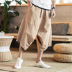 Mens wide crotch harem pants loose summer large cropped trousers wide-legged bloomers Chinese style flaxen baggy