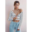 Women Long Sleeve Cotton Strip Crop Top Slim Sexy V-neck Vest Blouse Top T-Shirt