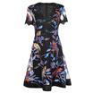 Sexy Plunge Neck Short Sleeve Bird Floral Embroidery Spliced Lace Zipper Women A-line Dress
