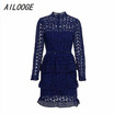 Elegant hollow out ruffle lace dress Women vintage long sleeve slim short dress Sexy christmas party dress vestidos