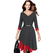 Elegant Women Asymmetric Hem V-neck Vintage Polka Dot Contras Work Office Business Party Fit&Flare A-line Dress
