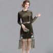 2 piece Autumn Mesh Patchwork Embroidery Dress Women O-neck Work Casual Party Slim Dresses Vintage Vestidos