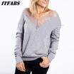 US Women V Neck Off shoulder Lace Patchwork T Shirt Casual Long Sleeve Blouse