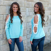 New Fashion Women T-Shirt Cold Shoulder Lace Patchwork Long Sleeve Top Blouse Blue
